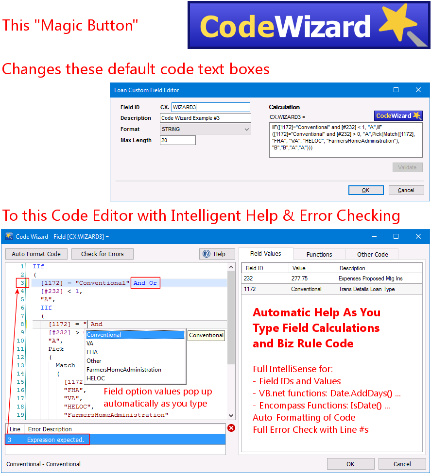 CodeWizard for Ellie Mae Encompass - Quick Summary - Customization, Code, Rules, Field Triggers & Calculations