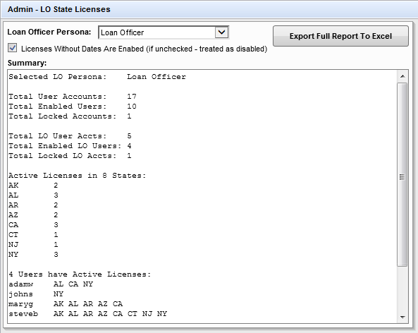 LO State License Summary - Encompass Admin Form